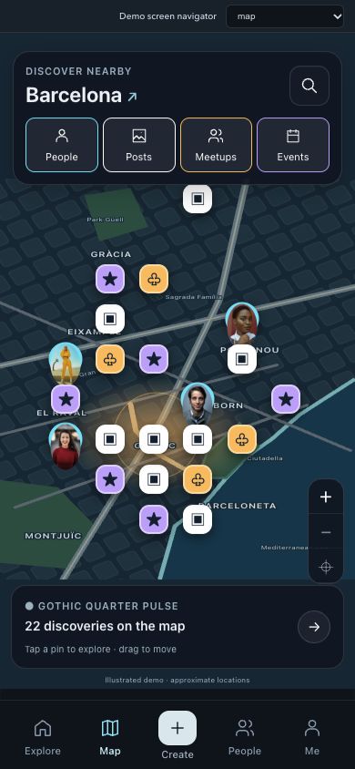 TrvlBē Barcelona map showing people, posts, meetups, and events