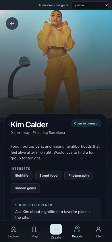 TrvlBē profile with a photo, shared interests, and connection status